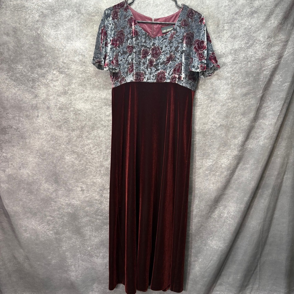 VTG 90s Citi Dress Velvet Burnout Floral Maxi Dress Size L Burgundy Whimsigoth